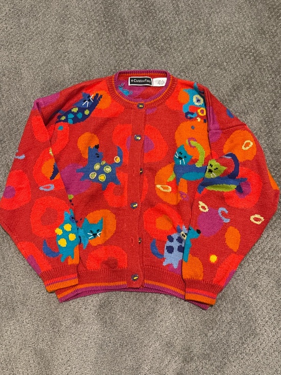 Christina Foley Sweaters - -Vintage Christine Foley Cats & Dogs Art-to-Wear Cardigan Sweater